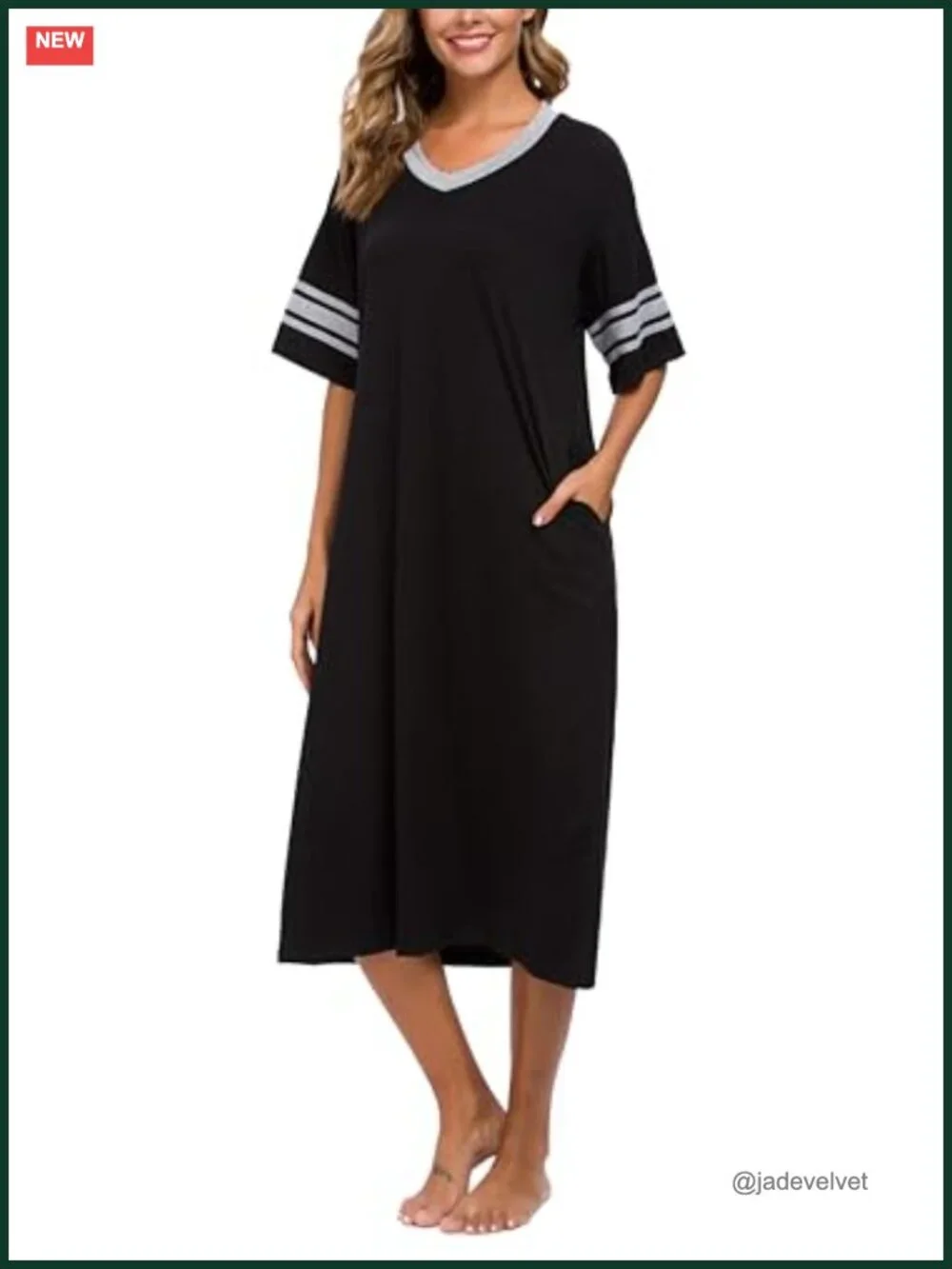 Full Length Nightgown V Neck Knit Soft with Pockets S-XXL